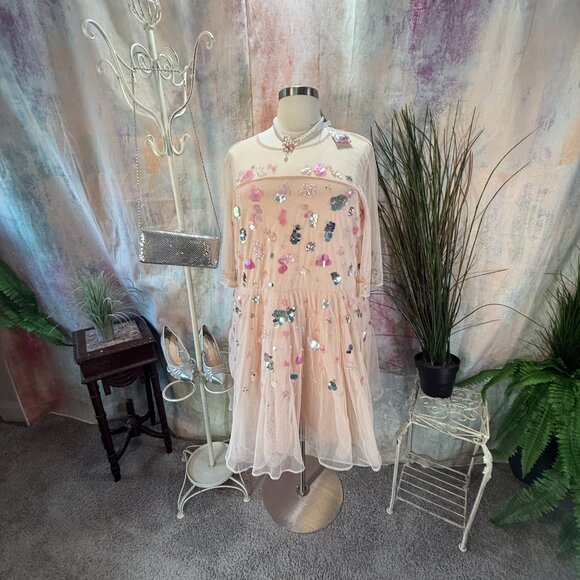 New 📌ASOS Peach w/Multi Color Sequin & Beaded Embellished Formal - Party Dress - Picture 1 of 15